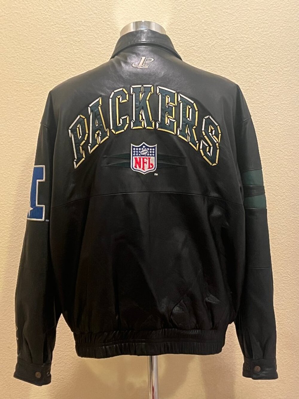 Green Bay Packers NFL Leather Jacket Mens L Full Zip Embroidered Logos Black